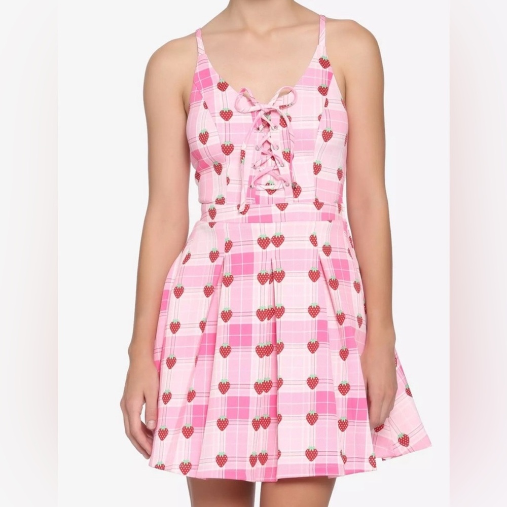 Strawberry Plaid Lace-Up Dress